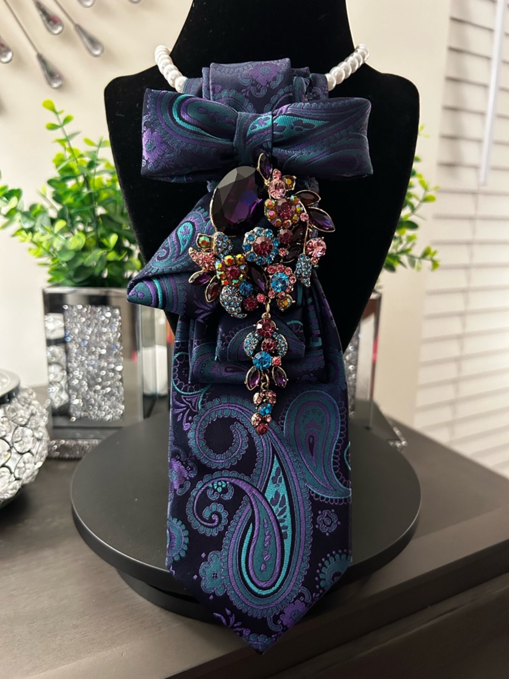 Purple Teal Paisley Necktie with Multicolor Brooch